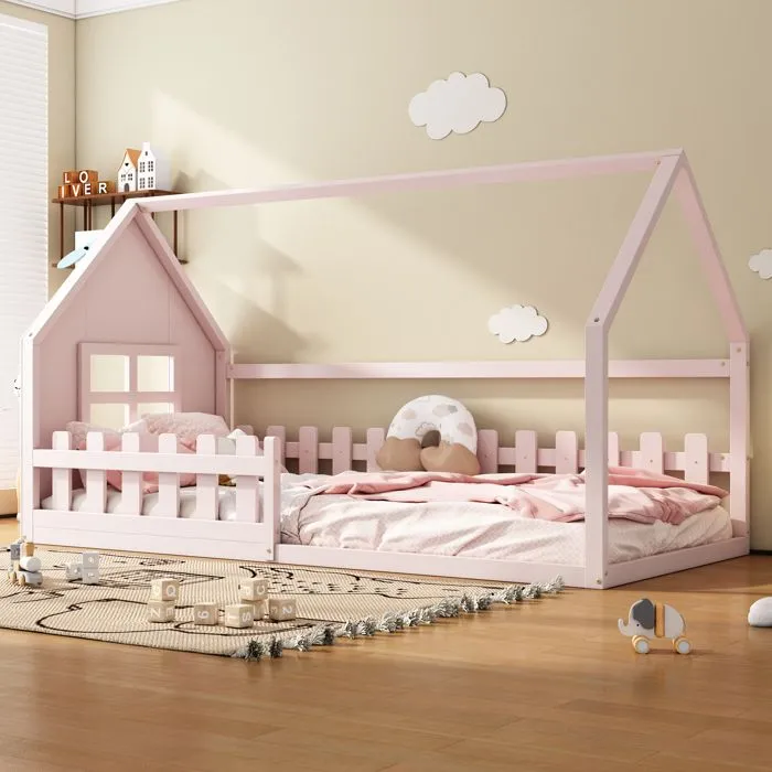 Lit cabane pour enfant 90x200 cm - en forme de maison - en bois de pin et MDF - Rose-1