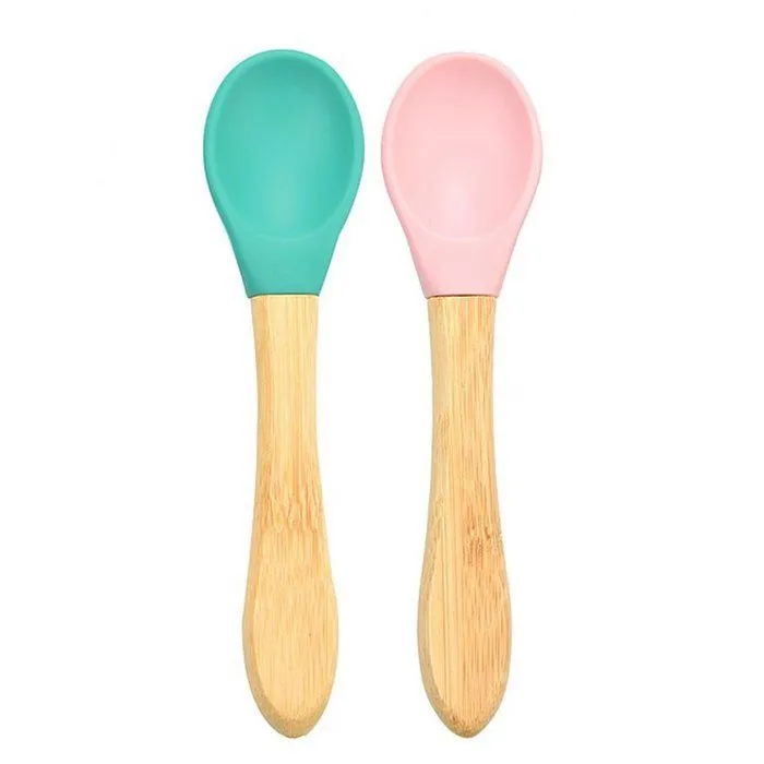 Cuillères bébé en bambou et silicone - MINIKOIOI - Lot de 2 - Rose-0