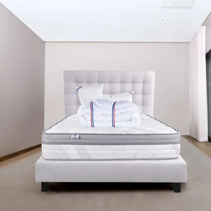 Ensemble matelas ViscoPlus, 26 cm mémoire de forme ferme réversible+sommier gris ep20cm + 2 oreillers+couette+TDL-0
