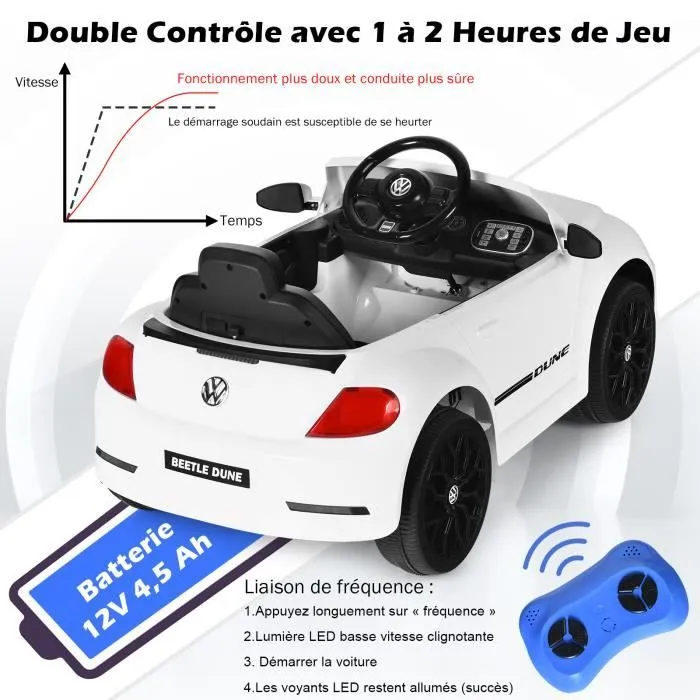 Voiture électrique Volkswagen Beetle pour enfants - COSTWAY - Blanc - 12V/4,5 Ah - Télécommande 2.4G-3