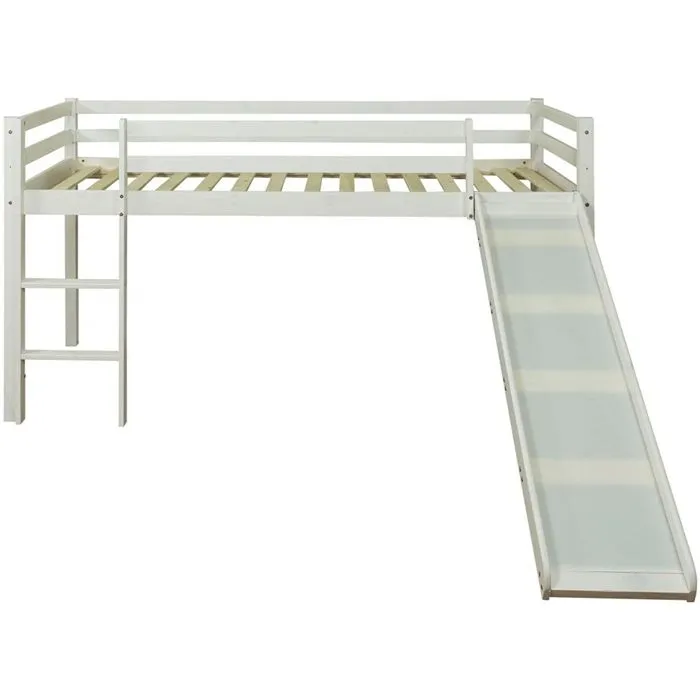 Lit enfant - Blanc - 90x200 - Avec échelle et toboggan - Bois - À monter soi-même-1