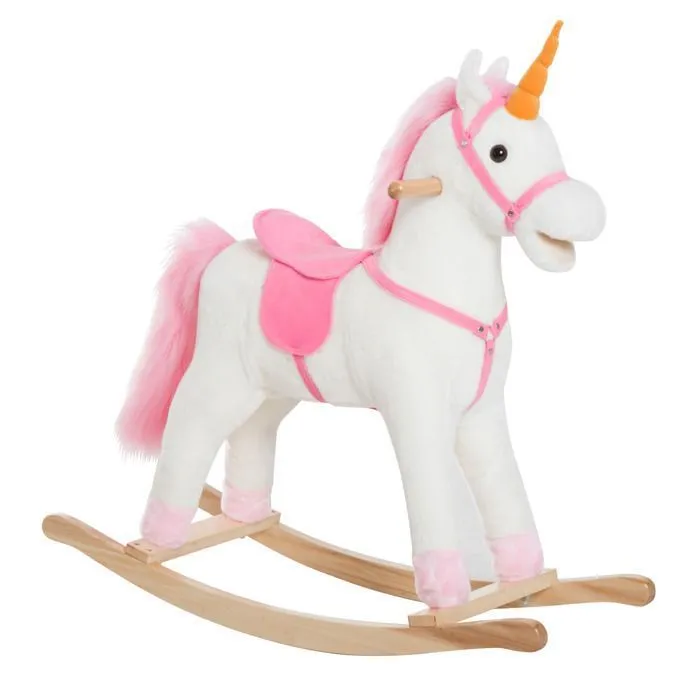 Cheval à bascule licorne à bascule selle grand confort peluche courte douce bois peuplier blanc rose-0