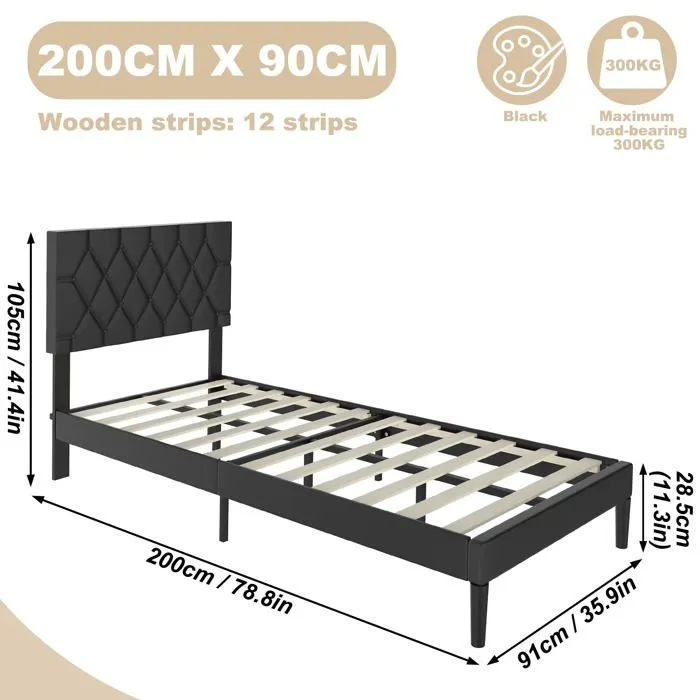 Lit - UISEBRT - 90x200cm - Métal Noir - Tête en Cuir - 1 Place - Design Contemporain-1