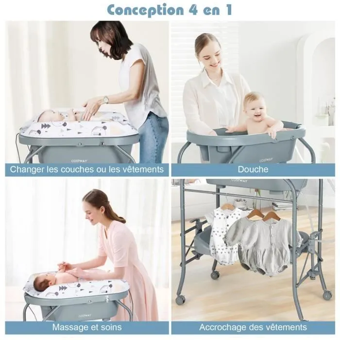 COSTWAY Table à Langer Bébé avec Baignoire 20L 4 en 1 Pliante 4 Roues,Tuyau 1m,Plateau de Rangement Coussin PVC Imperméable,35 Kg-1