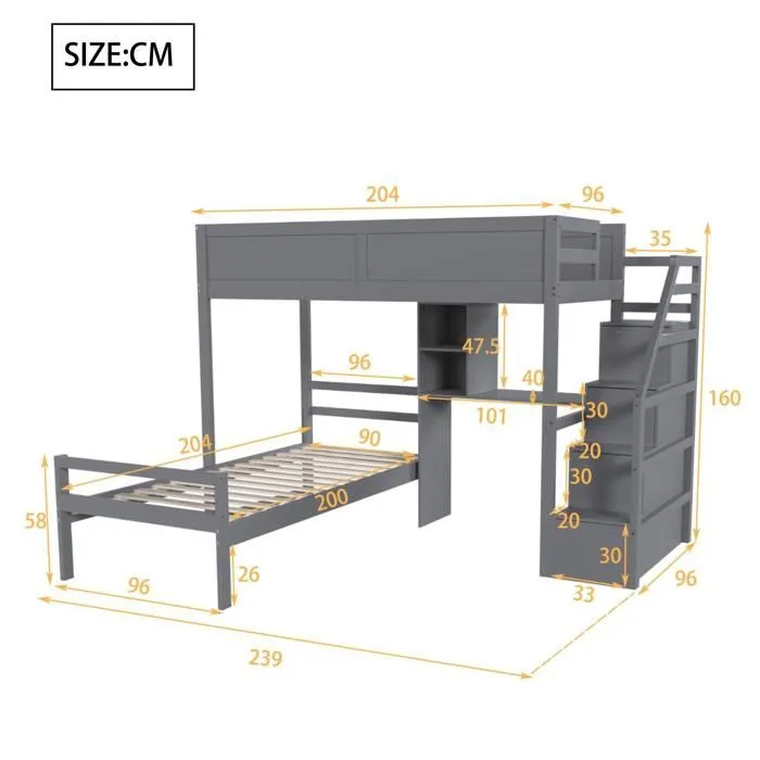 Lit superposé 90x200cm en bois massif - avec escalier de rangement et bureau - Gris-4