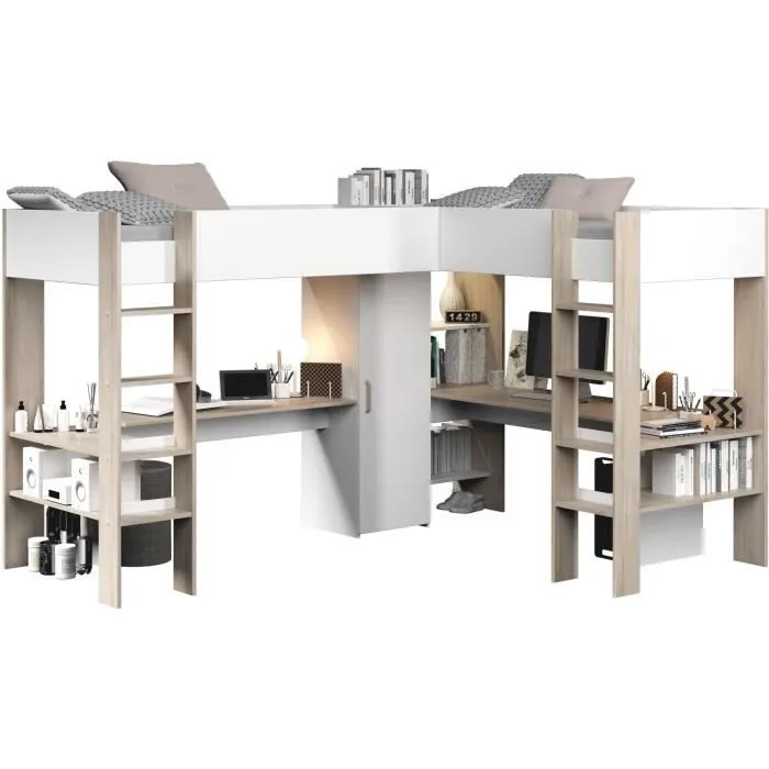 Lit double mezzanine combiné enfant ALEXANDRA avec 2 bureaux et rangements - 2x90x200 cm - Blanc/Chêne - Sommiers inclus - PARISOT-0