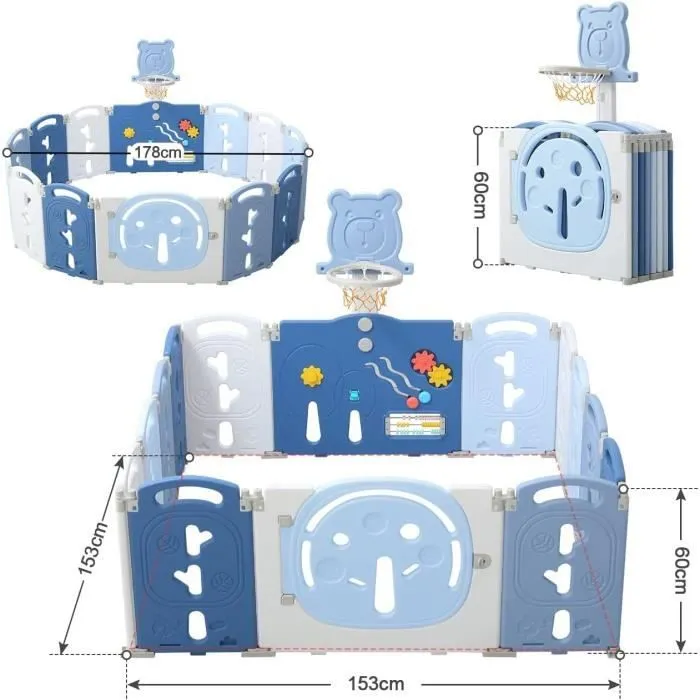Parc Bébé Enfant 12+2 Panneaux Modulable avec Panier de Basket Parc Bebe XL Pliable pour Intérieur et Extérieur Parc en Plastique-3