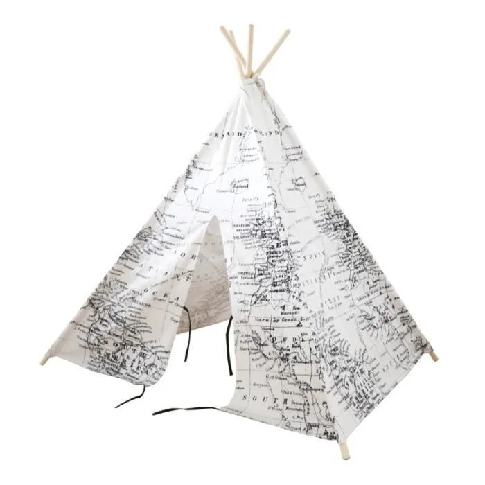 Tente Tipi pour Enfants SUNNY - Carte du monde en noir et blanc - 120x120 cm-0