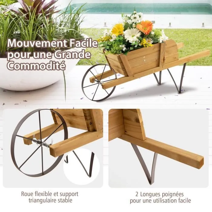 COSTWAY Brouette Décorative en Bois pour Plantes avec Roue Flexible,9 Accessoires Magnétiques, 2 Longues Poignées Jardin,Terrasse-2