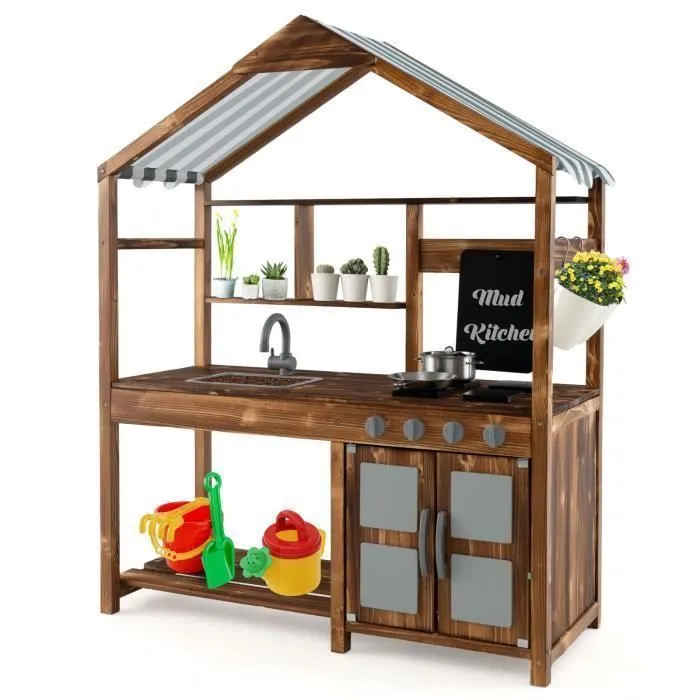 Cuisine Enfants d'Extérieur COSTWAY - Auvent, Robinet Rotatif, Évier Amovible, Poêles, Boutons Réalistes, Tableau Noir, 3 à 7 Ans-0