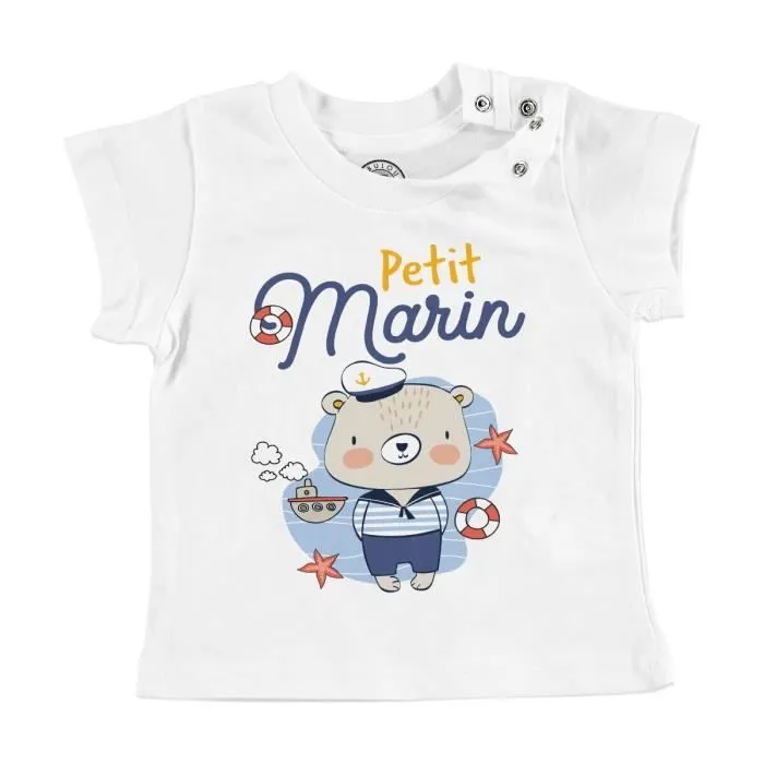 T-shirt Bébé Manche Courte Blanc Petit Marin Dessin Illustration Bateau Mer-0