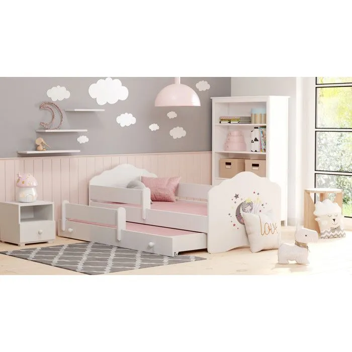 Lit gigogne enfant fille blanc FIONA avec sommier et matelas - Princesse et lune - 2 x 160 cm x 80 cm-1