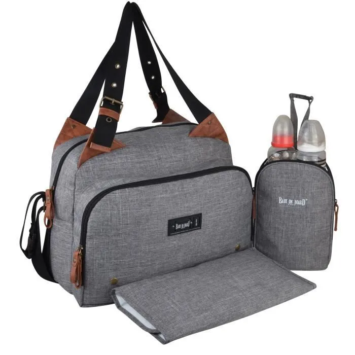 Baby on board- sac à langer - sac titou Gris chiné - 2 compattiments 8 poches - sac repas - tapis à langer sac linge sale attaches-0