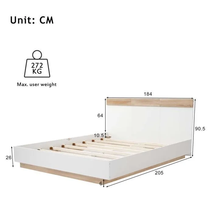 ModernLuxe Lit adulte 180x200cm - cadre en bois - sommier à lattes - style scandinave - chêne + blanc-3