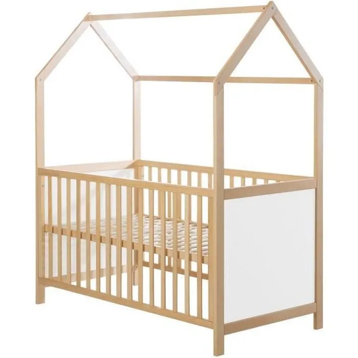 ROBA Lit Cabane Bébé Évolutif 70x140 cm - Convertible en Lit Junior et en Banc - Hauteur Réglable - Bois Laqué Blanc / Naturel-0