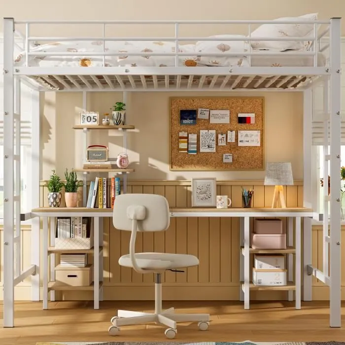 Lit mezzanine - Enfant - 90x200 cm - Bureau et étagères - Fer blanc - Sécurisé EN747-1