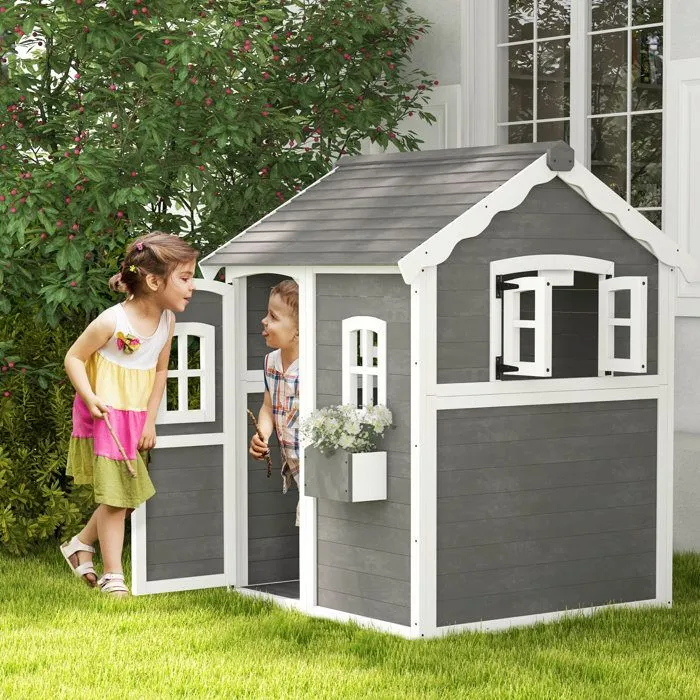 Cabane enfant extérieur Outsunny maison enfant extérieure, avec porte, fenêtres, bac à plantes, plancher - en bois gris-1