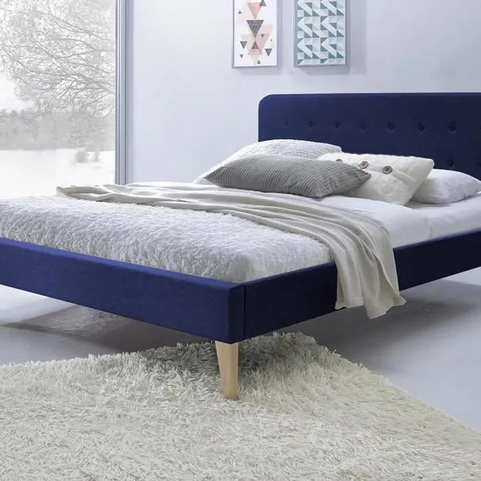 SAMPUR - Lit Nordique 140x190 | Bleu Foncé | Tissu capitonné | Disponible en 3 couleurs-0