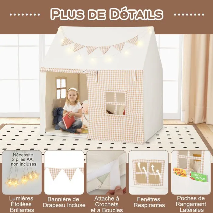Tente de Jeu Enfants COSTWAY-Tapis Rembourré-Guirlandes Lumineuses Étoiles-Bannière de Fanions-pour 3-8 ans-125 x 100 x 127 cm-Beige-4