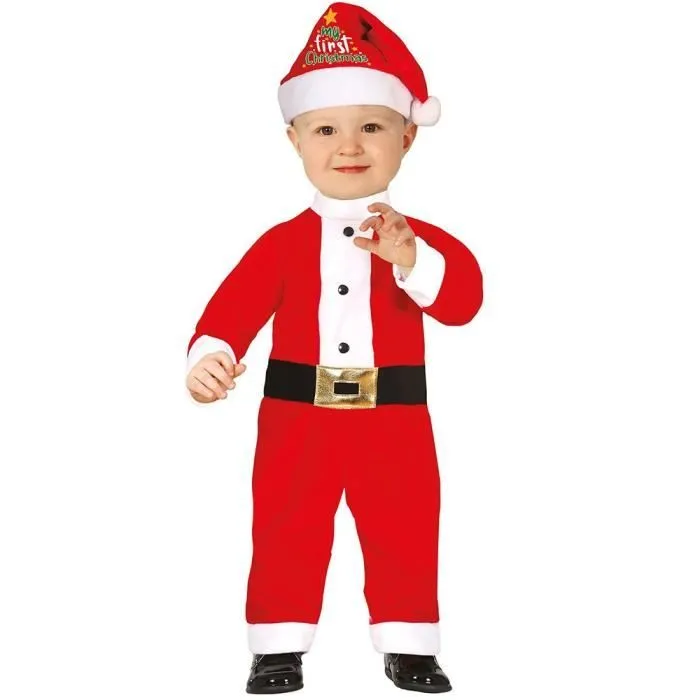 Déguisement costume Père Noël bébé 12/18 mois - Rouge - Combinaison manches longues avec ceinture et bonnet-0