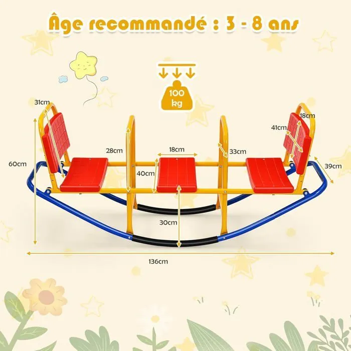 COSTWAY Balançoire à Bascule 2-3 Enfants Trébuchet en Métal Tape-Cul pour Jardin avec Poignées 3 - 8 Ans Station de Jeu Extérieure-5