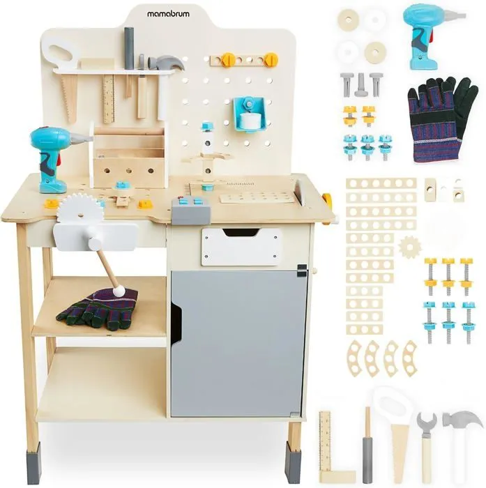 Etabli Enfant en Bois- Mamabrum- Grand atelier bois avec outils XXL - 74 éléments- Kit DIY- table de travail, perceuse, tournevis-0