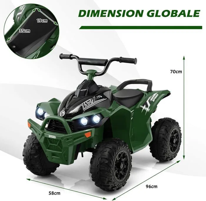 COSTWAY Quad Electrique pour Enfants 12V7Ah, LED, Musique, Klaxon, Roues Larges, pour Enfants 3 à 8 ans, 96 x 58 x 70 cm, Vert-5