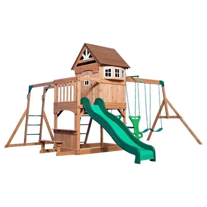 Backyard Discovery Montpelier - Aire de Jeux en bois avec Balançoires, Toboggan Mur d'Escalade et Banc-0
