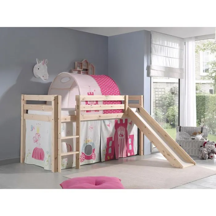 Vipack - PINO Lit Compact avec Toboggan + Rideau de lit Princess + Tunnel de lit Princess-1