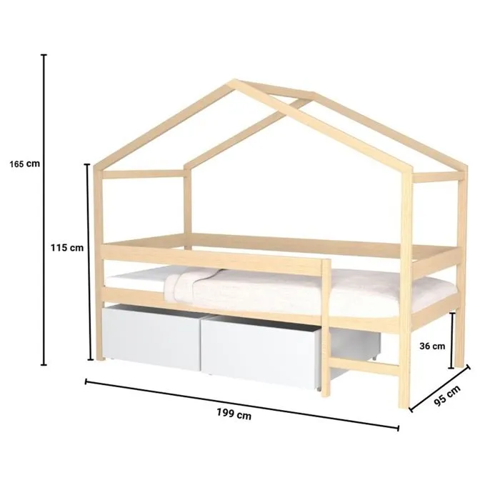 Lit cabane - MIKA - 90x190 - Bois massif - 2 tiroirs - Naturel & blanc-3