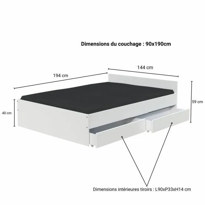 Lit double avec tiroirs - LEQUAIDESAFFAIRES - KAPPA - Blanc - A lattes - 140x190 cm-3