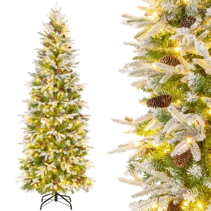 Sapin de Noël Artificiel Floqué de Neige 190CM COSTWAY-280 Lumières LED Blanc Chaud-671 Pointes-60 Pommes de Pin-Forme de Crayon-0