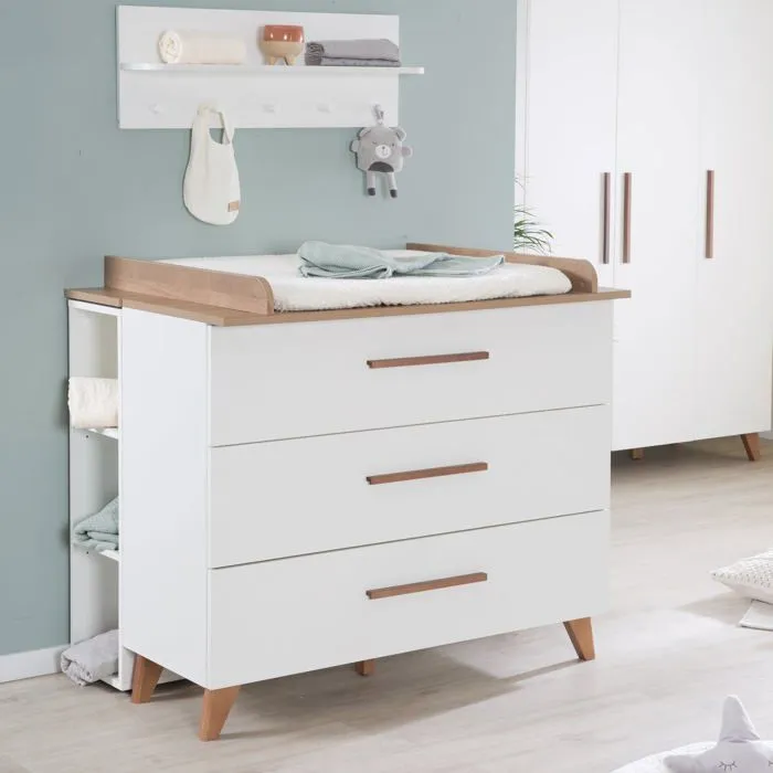 Chambre Bébé Complète ROBA - Ole - Lit Évolutif 70x140 cm + Commode à Langer + Armoire 3 Portes - Blanc - Chêne Foncé-5