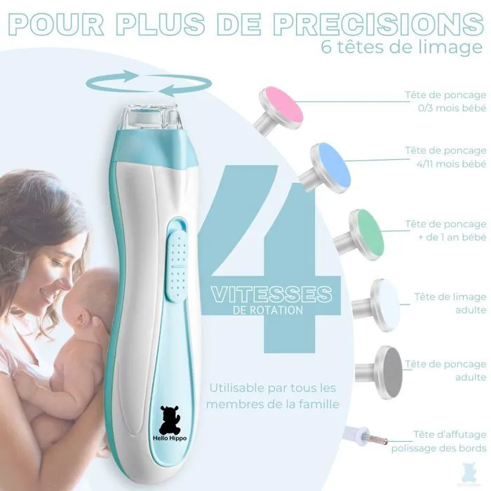 Hello Hippo - Lime à Ongles Électrique Bébé | Sécurité et Hygiène Dès la Naissance | 4 Vitesses & 6 Têtes de Limage-3