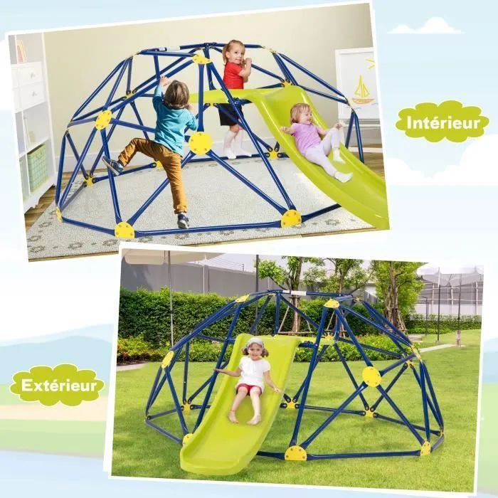 COSTWAY Dôme d'escalade avec Toboggan 241,5 x 183 x 91,5 CM, Cadre en Métal Robuste, Jouet Extérieure pour Enfants 3-10 Ans Jaune-1
