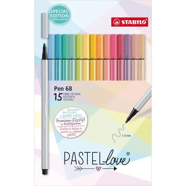 Feutre de dessin - STABILO - Pen 68 Pastellove - 15 feutres - Pointe moyenne 1 mm - Multicolore-0