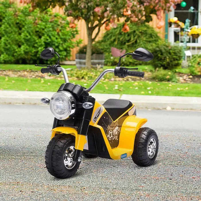 Moto électrique enfant chopper tout-terrain 6 V 20 W marche AV AR 3 roues effets lumineux et sonores jaune noir-2