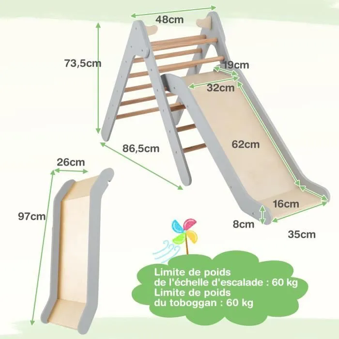 COSTWAY Toboggan Enfant 2 en 1 avec Triangle d'Escalade en Bois Massif, Pente de Toboggan Réglable, pour 1 An +, Charge 60 KG Gris-3