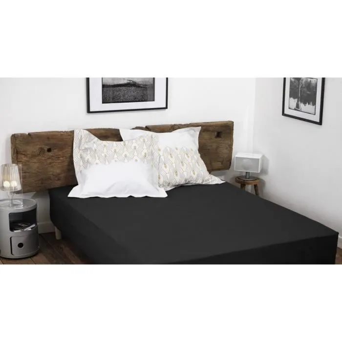 Drap housse uni 100% coton - Bonnet 25cm - Noir - 140x190 cm-3