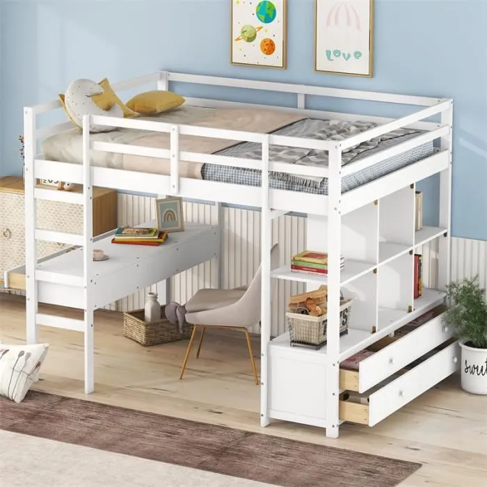 Lit mezzanine 140x200cm pour enfant - lit surélevé avec tiroirs de rangement, bureau et bibliothèque de rangement sous le lit -blanc-2