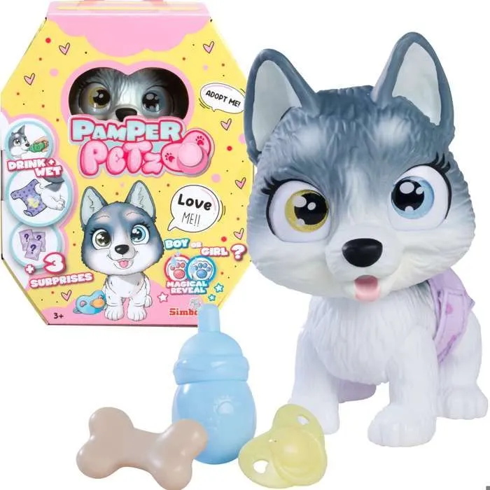 Smoby - Pamper Petz - Husky à adopter - 4 accessoires - Articulé - Bois et fais pipi - Certificat d'adoption - Dès 3 ans-0
