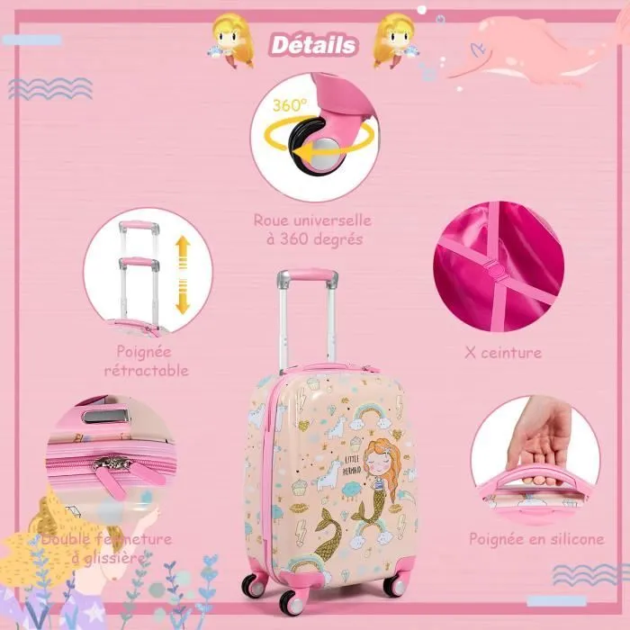 Valise Enfant 18" et Sac à Dos 12" - COSTWAY - Dessin Sirène - 4 Roulettes - Poignée Réglable-1