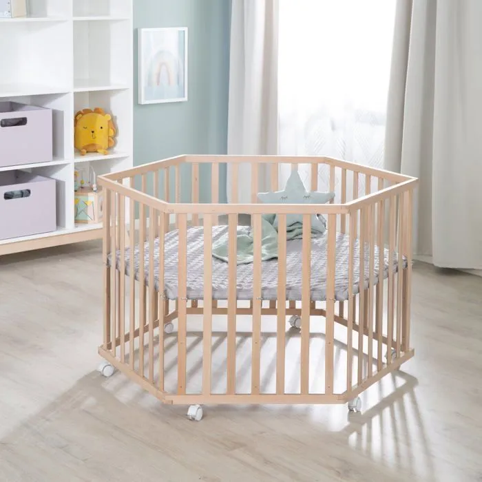 ROBA Parc Bébé Cosiplay + Tapis de Parc "roba Style" Gris et 6 Roulettes - Hêtre Bio Naturel-4