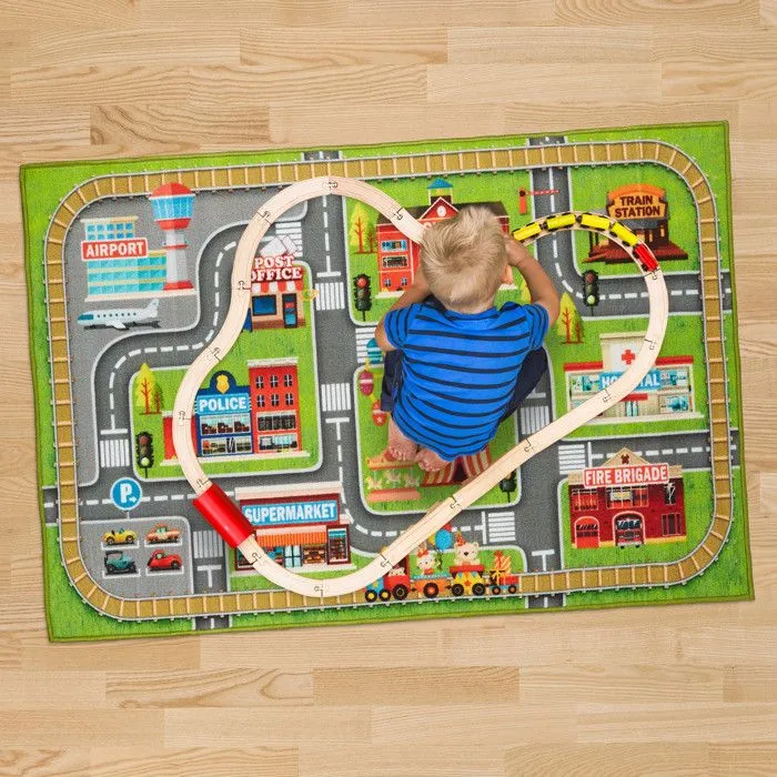 Relaxdays Tapis de jeux voiture, motif ville, antidérapant, pour votre enfant, polyester, L x P 150 x 100 cm, coloré-1