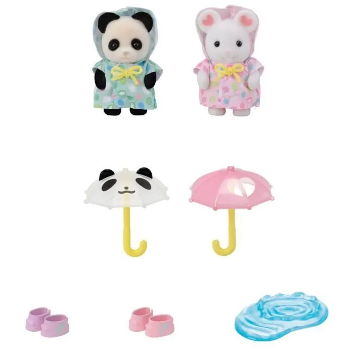Figurines Articulées - SYLVANIAN FAMILIES - Duo Bébés en Habits de Pluie - Panda et Souris Marshmallow-3