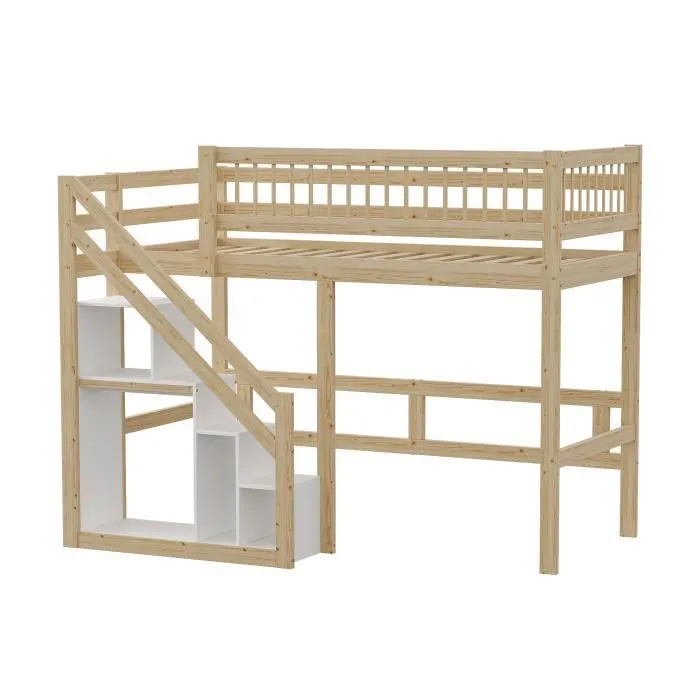 Lit mezzanine - Naturel - 90x200cm - Bois massif - Escalier avec rangement - 2 places-2