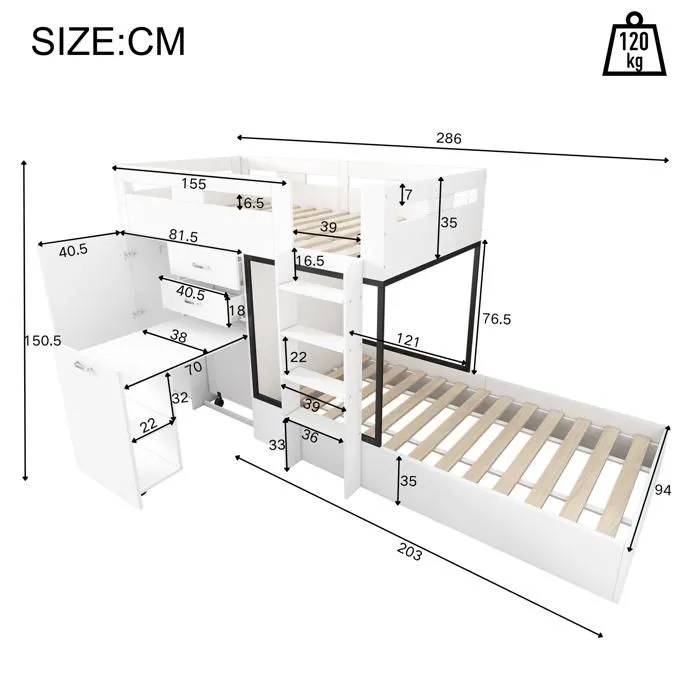 Lit superposé multifonctionnel - Blanc - 90x200 cm - Avec tiroirs - Style scandinave - 2 places-5