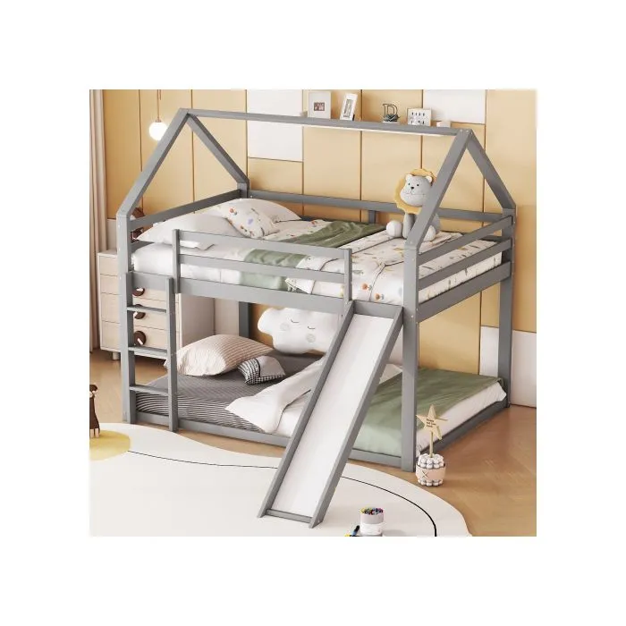 Lit superposé avec toboggan et échelle, lit superposé pour chambre d'enfant, gris, 140x200 cm-2
