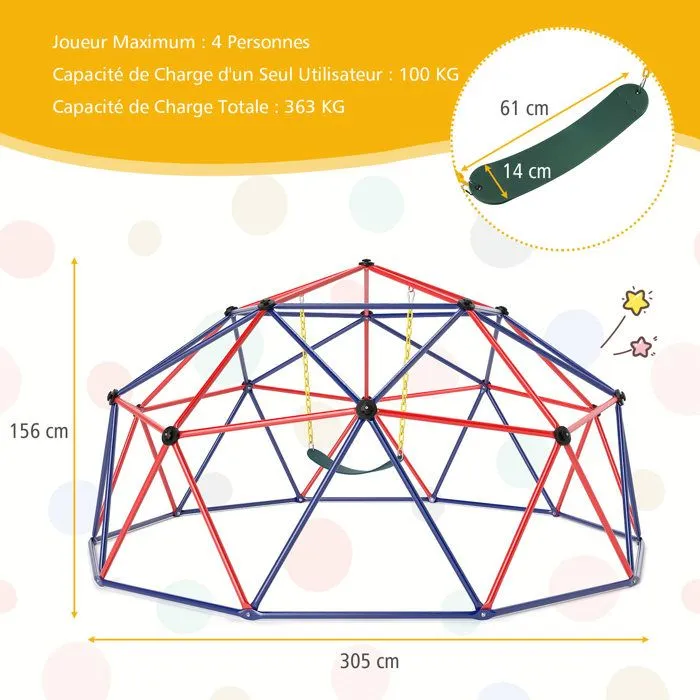 COSTWAY Dome Escalade Exterieur 305 CM avec Balancoire Charge 363 KG Structure en Metal pour Enfants de 3 - 12Ans Rouge-1