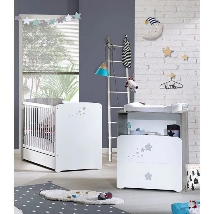Chambre bébé duo Nao: lit 120x60, commode à langer - Babyprice - Blanc-1